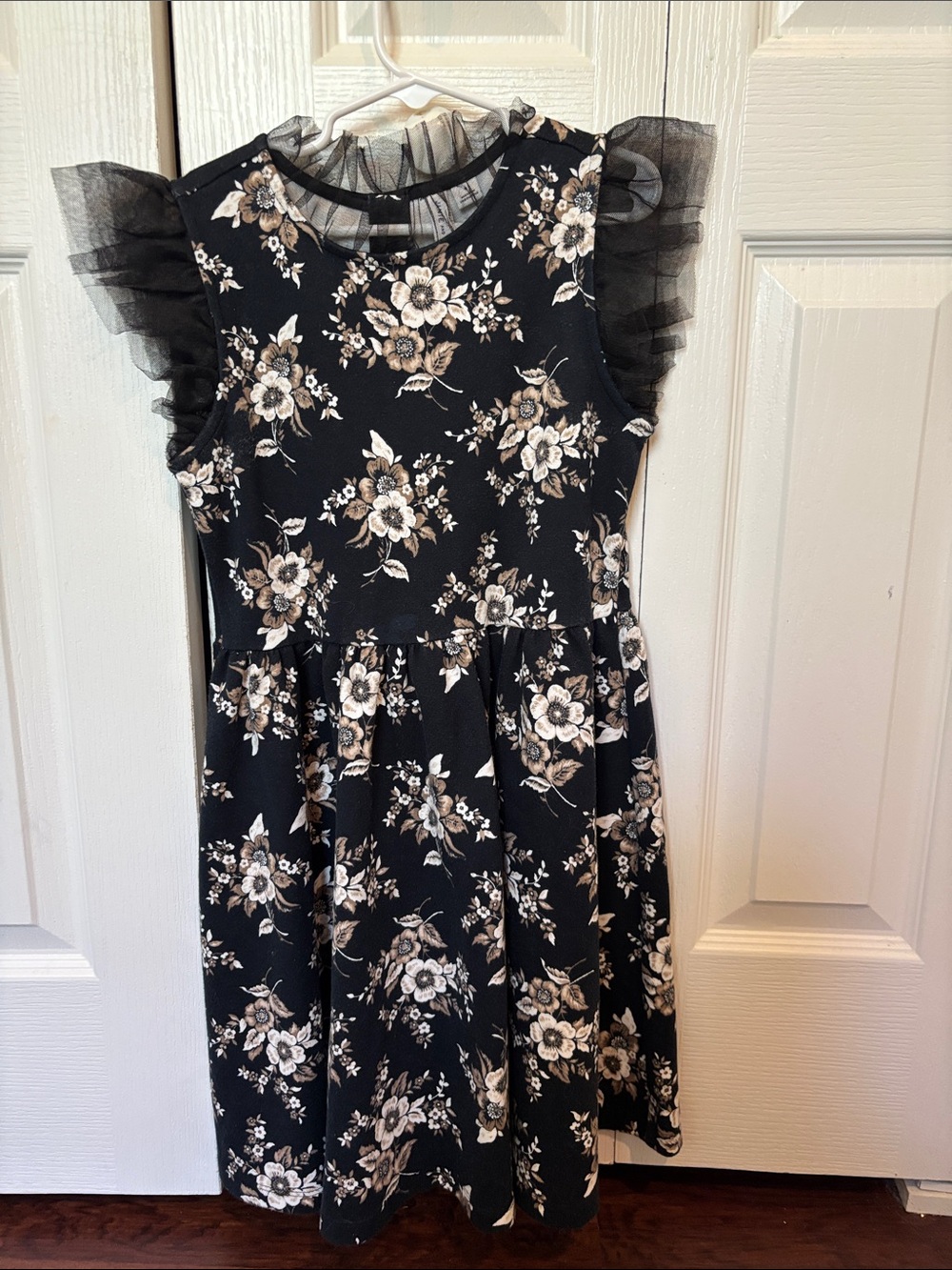 Janie and Jack Black Floral Dress with Cream Accents and Tulle Ruffle Sleeves